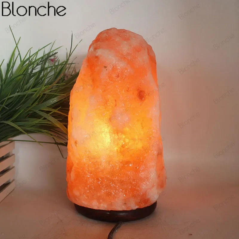 Himalayan Crystal Salt Lamp LED Rock Night Light Hand Carved Wooden Base Stand Light Air Purifier Bedroom Home Decor Luminaire