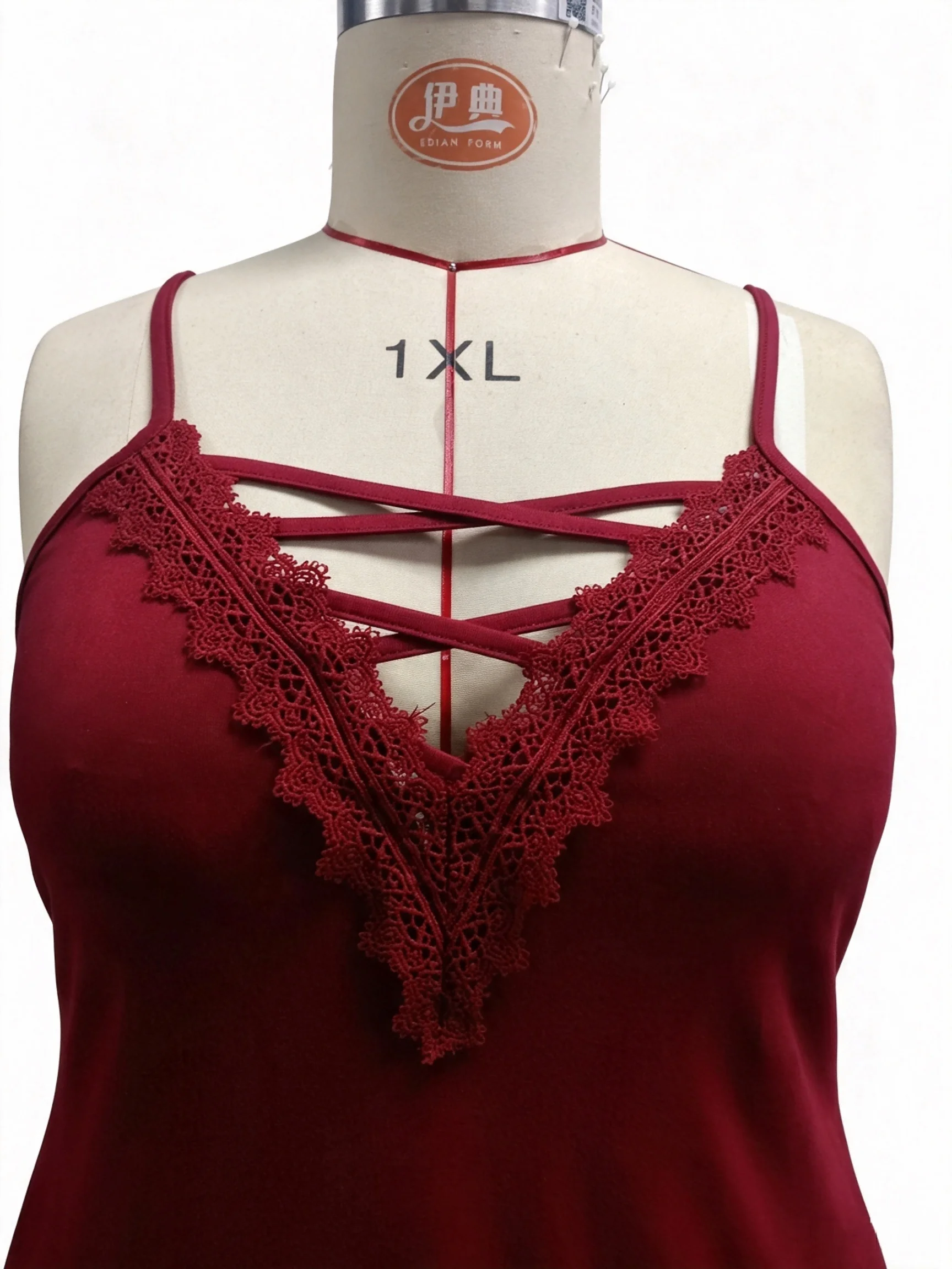 Damen Plus Size Spitzenbesatz Crisscross V-Ausschnitt Cami-Top Verstellbare Spaghettiträger A-Linie Lässiges Ärmelloses Tanktop – Detail 15
