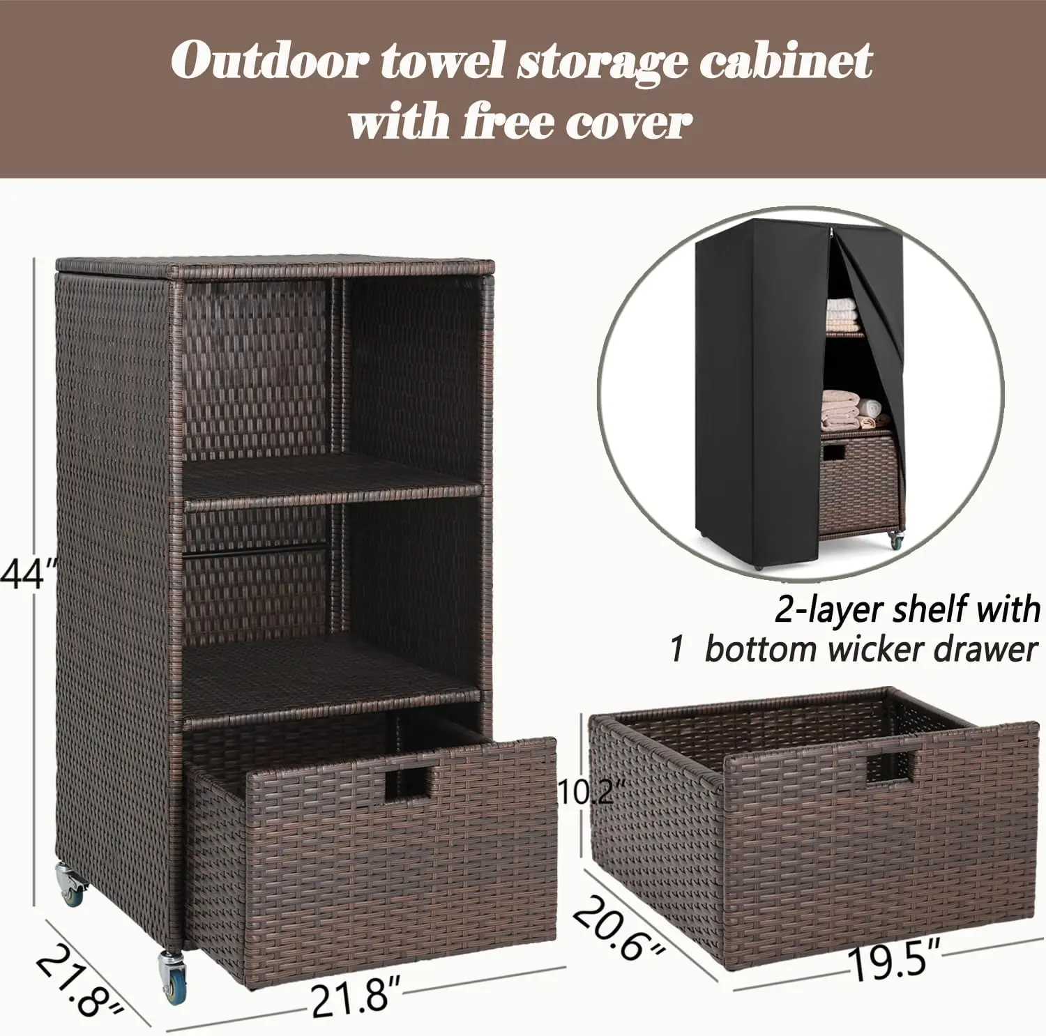 Outdoor Poolside Storage - Brown Wicker Towel Cabinet Organizer with Shelves, Drawer, Rolling Wheels and Cover for Hot Tub Spa