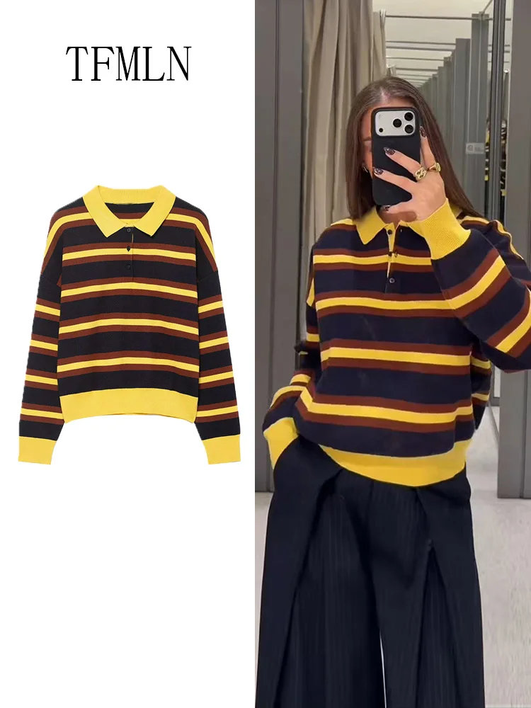 

Simple 2025 Autumn Women Striped Knitted Sweaters Chic Causal Long Sleeve Pullover Tops Fashion Loose Polo Collar Knitwear