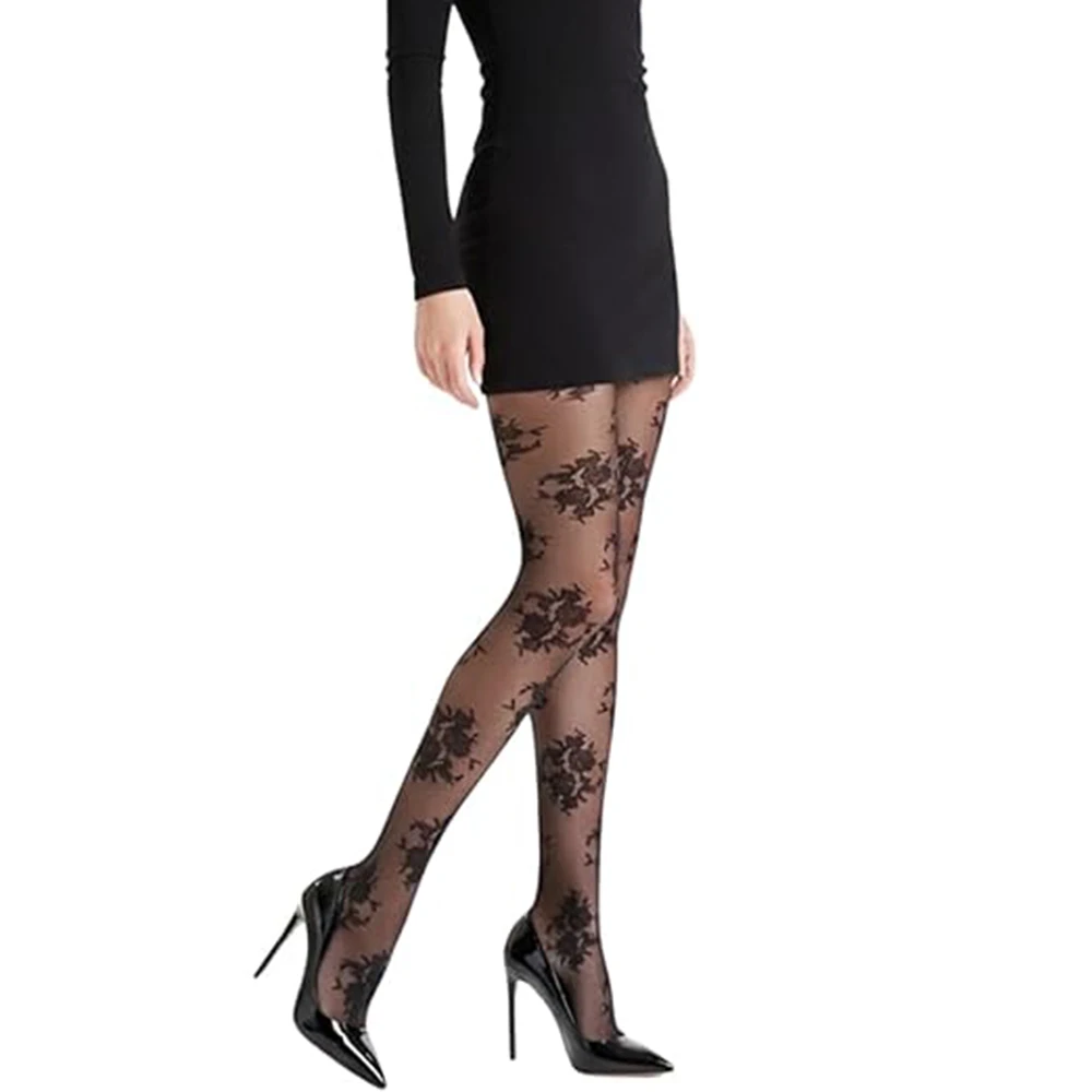 Vintage Rose Schwarz-Weiße Strümpfe Damen Transparente Strumpfhose mit Blumenmuster Jacquard-Strumpfhose Anti-Haken Netzstrümpfe Weiche Strümpfe