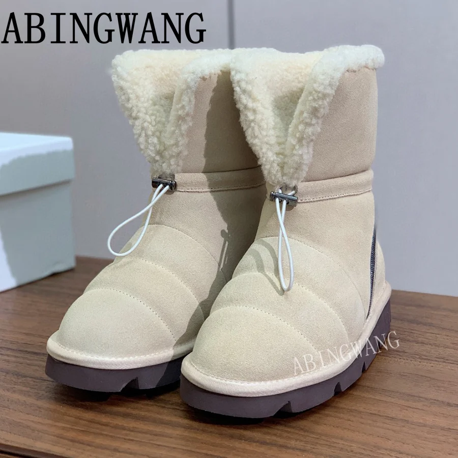 2024 Luxury Brand Thick Platform Women Boots Slip On Round Toe Short Boots High Quality Suede Inside Fur Warm Boots Women