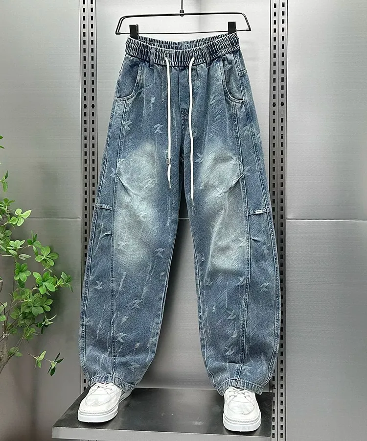 Men's Jeans 2026 New Style Straight Leg Long Pants American Loose Casual Trousers Gradient washed drawstring wide-leg men's jean