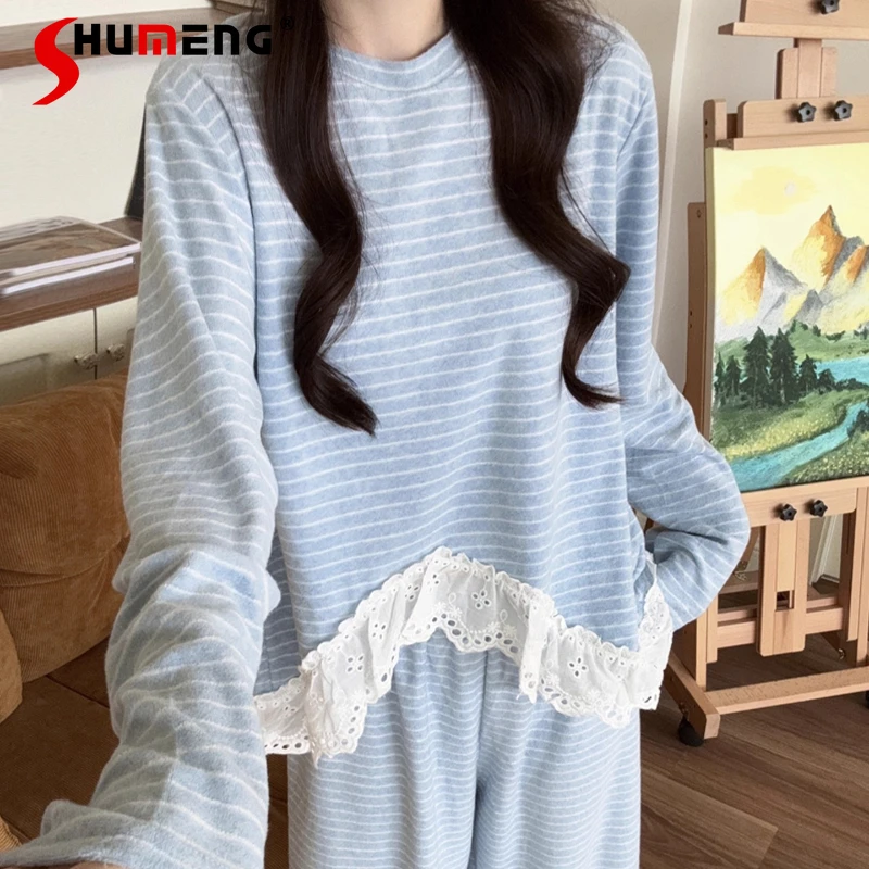 

Корейский стиль, кружевные полосатые утолщенные пижамы для женщин, осень-зима, повседневный бархатный комплект домашней одежды, женское милое нижнее белье с длинными рукавами