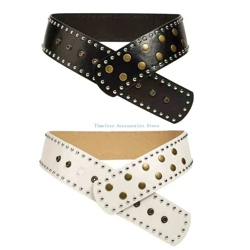 

97QE Bold Punk Studded Belt Adjustable Length For Men Women Fashion Faux Leather
