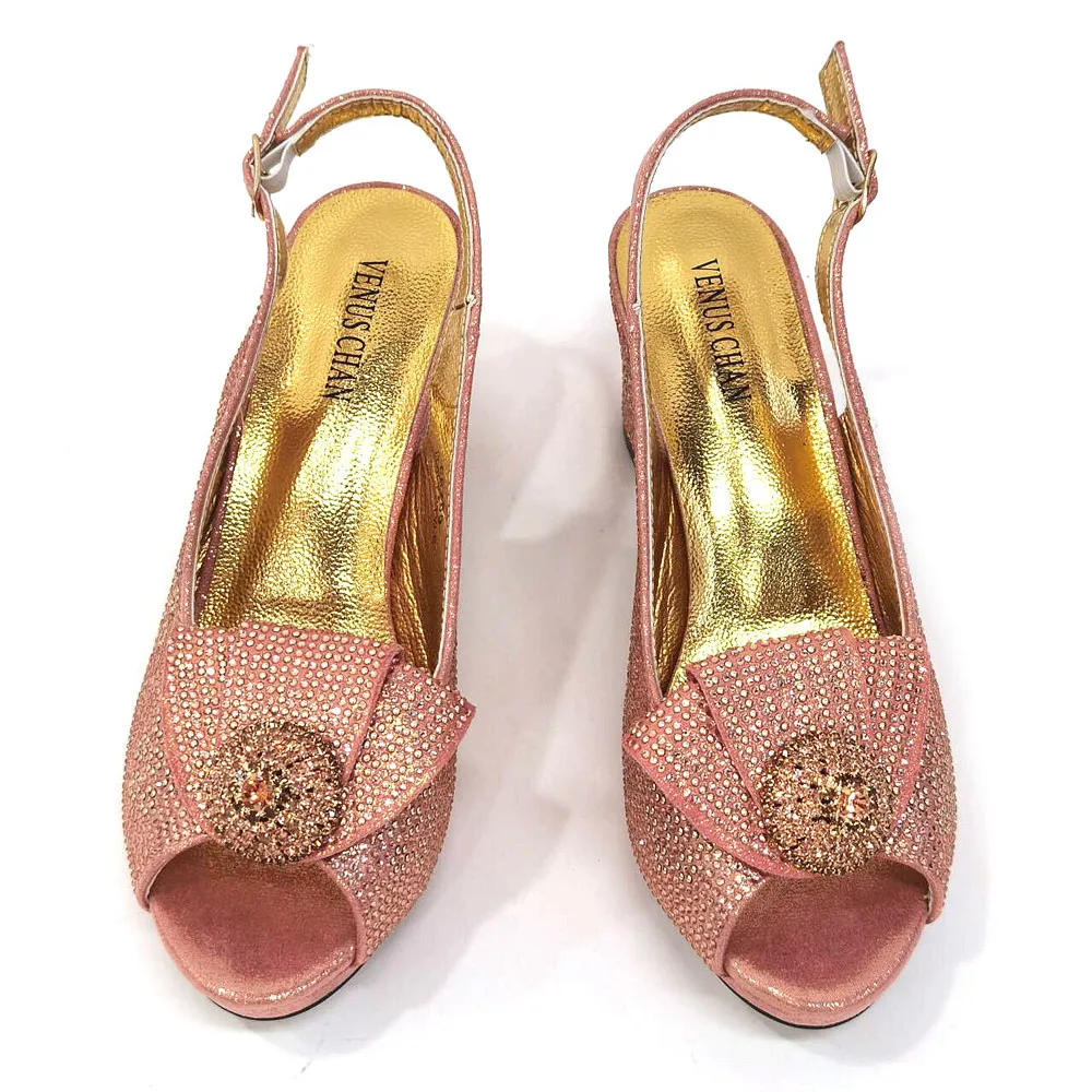 Venus Chan Latest Ladies Thin Heels Shoes and Bag Set Decorated with Rhinestones in Peach Color For Women Party Pump