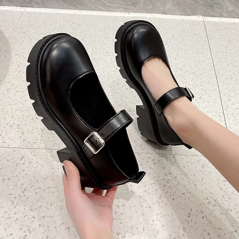 براءات الاختراع والجلود ماري جين امرأة فاسق كعب سميك لوليتا أحذية Mujer الأسود الكاحل مشبك منصة مضخات النساء النمط الياباني #5