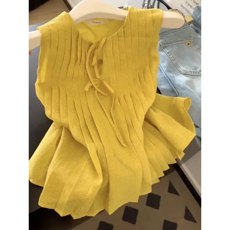 

Women's Yellow Polka Dot Pleated Sleeveless Blouse Tie Front Summer Casual Tank Top
