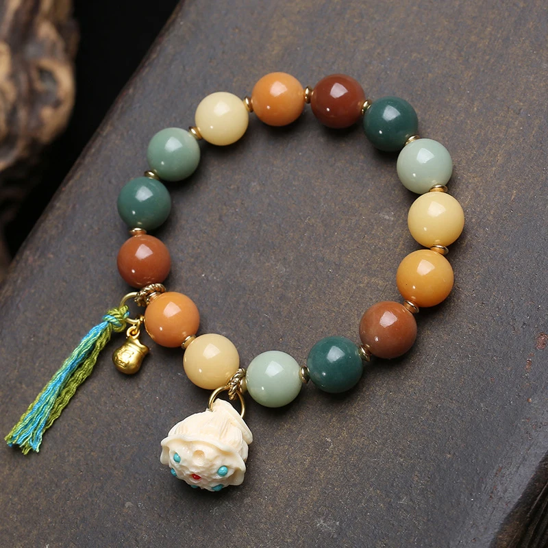 Natural colored weathered Bodhi root round bead bracelet with ivory fruit, six-character mantra, and lotus pod accessories whole