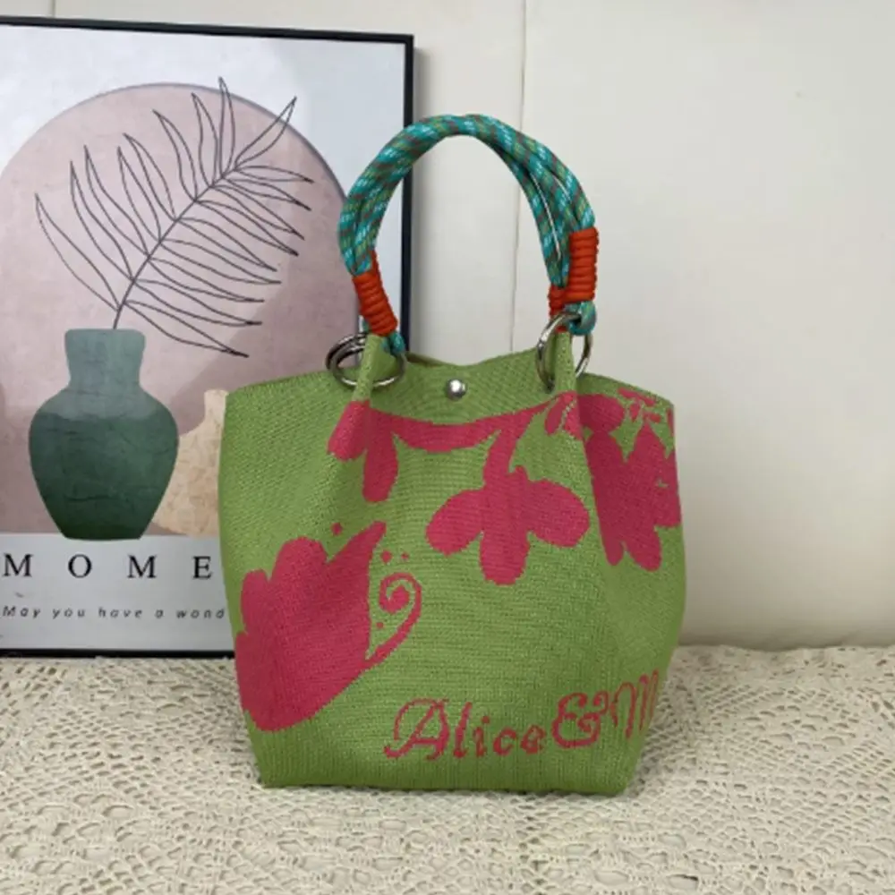Portable Cartoon Knitted Bucket Bag Handmade Large Capacity Shoulder Bag Woven Ring Buckle Floral Handbag for Women Girls