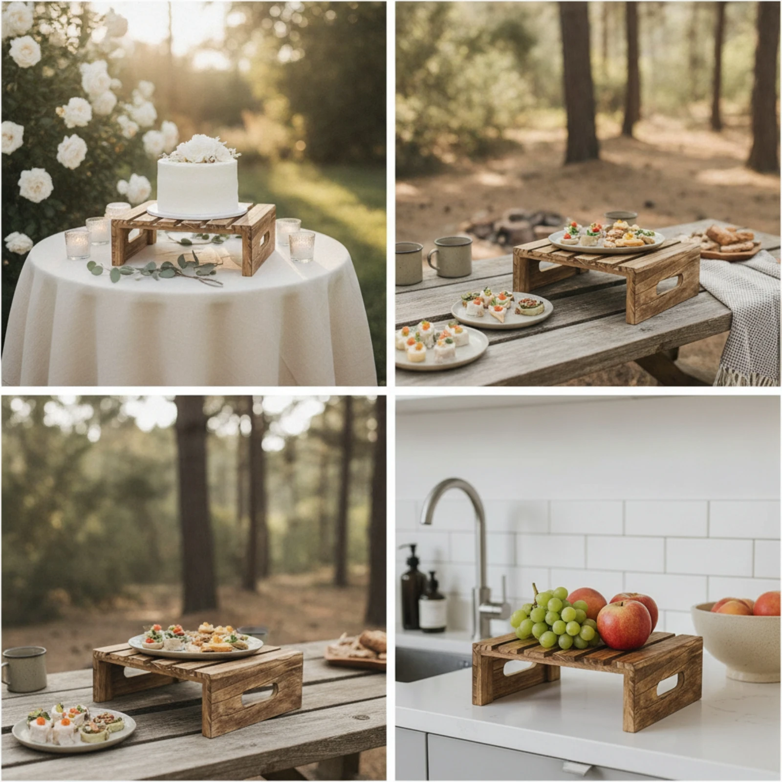 Wooden Display Riser Countertop One-Tier Wood Riser with Carry Handles Slatted Desktop Display Stand Compact Cupcake Stand