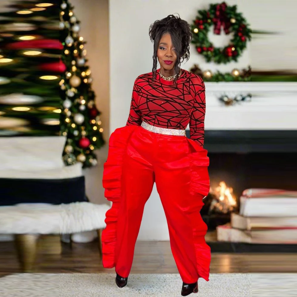 

ruffles satin long Pants Solid Color Red Casual Straight Trousers women Streetwear Fashion Party Male Long Pants