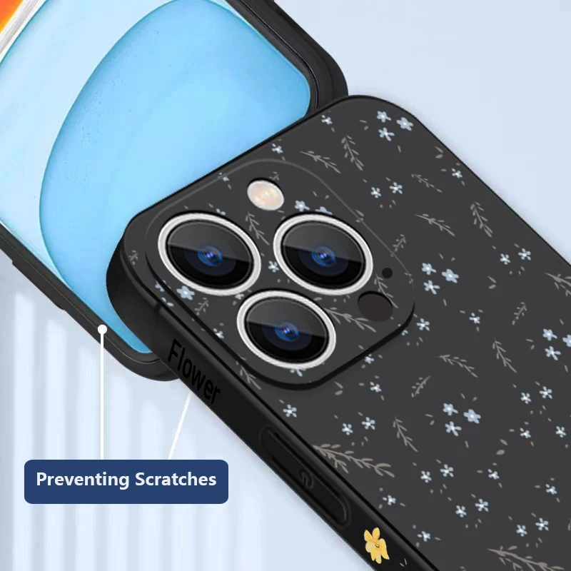 Para iPhone 16 Pro Max funda con cordón pequeño patrón de flores azules funda de silicona TPU suave para iPhone 17 Pro Max Air 15 14 13 12 1116e