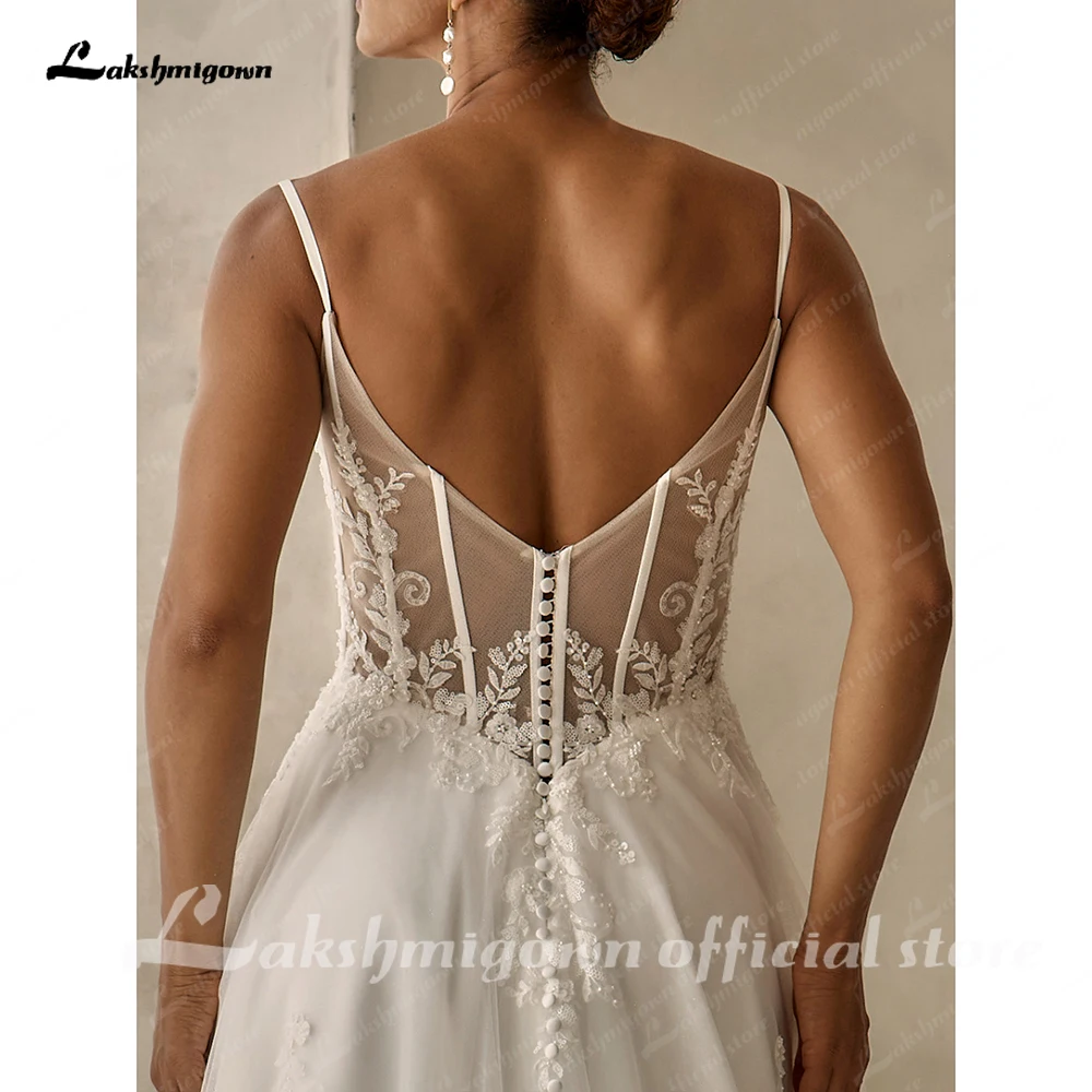 Lakshmigown Funkelnde Perlen-Spitzen-Strandhochzeitskleider, Zivile Tüll-Boho-Brautkleider, Maßanfertigung – Detail 9