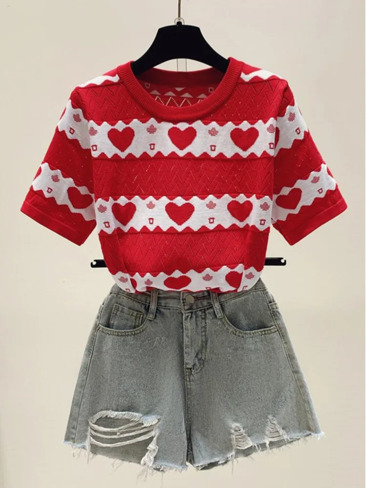 Summer Women Vintage Striped Hearts Knitted T-Shirt Fashion Short Sleeve Hollow Out Slim Fit Thin New Knitwear Tees Tops Mujer