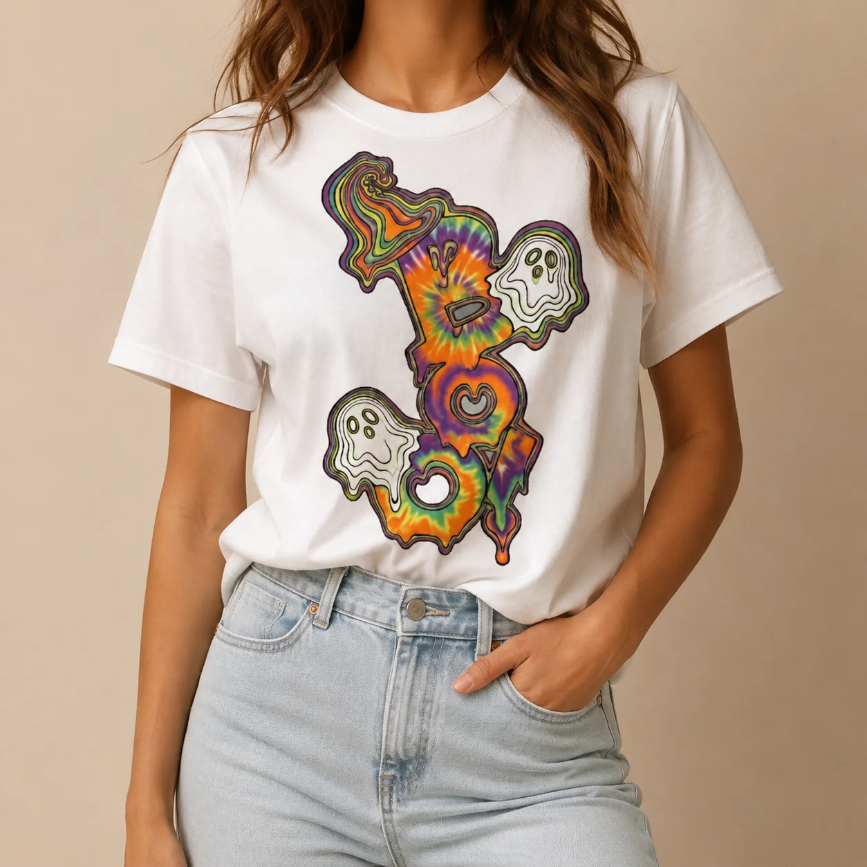 Tie Dye Boo Ghost Halloween T Shirt Women Retro Trippy Witch Hat Graphic Casual Short Sleeve Fall Tee