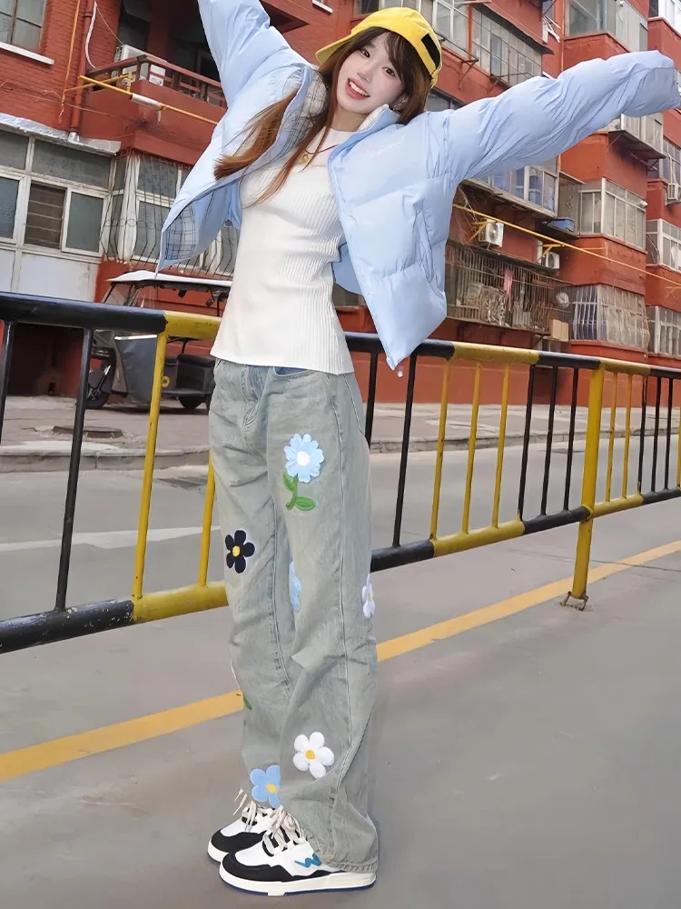 

American Retro Floral Men's Jeans High Waist Wide Leg Straight Tube Micro Flared Pants Spring Design Trendy Brand Casual Trou...