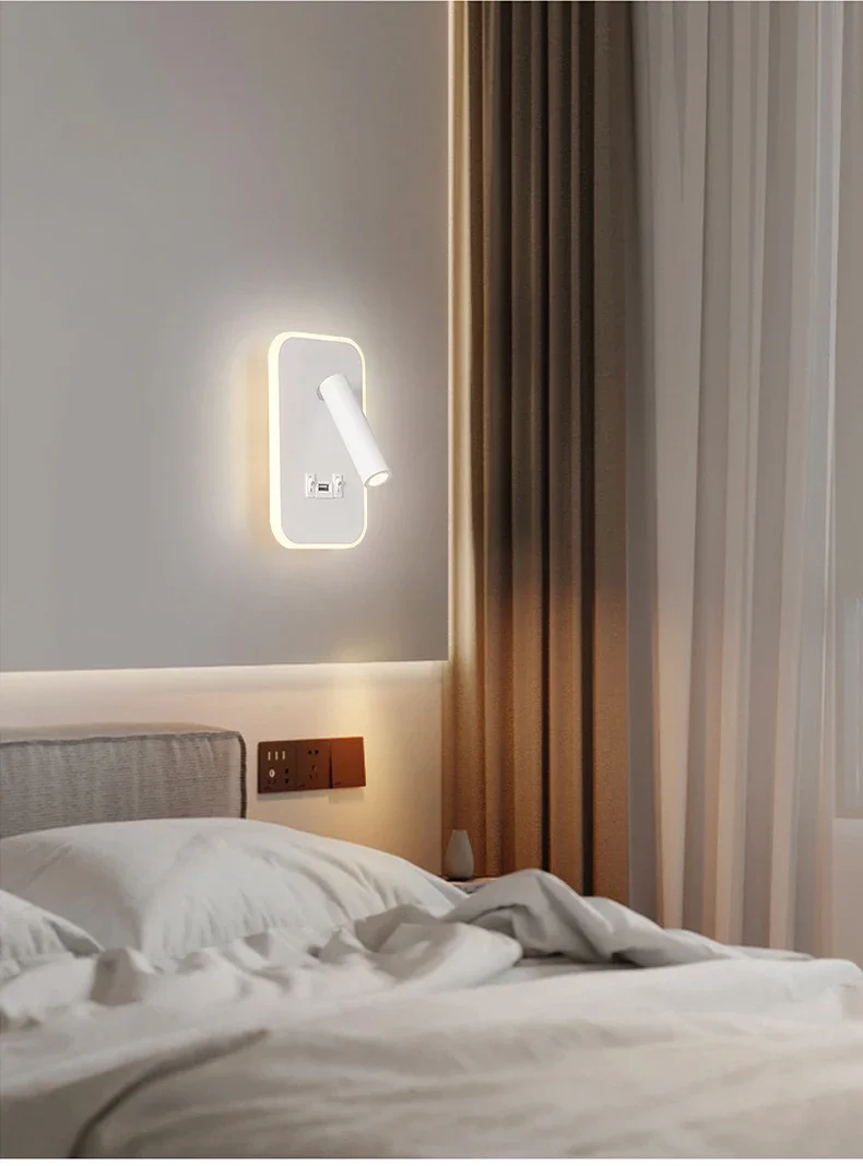 Modern Minimalist Led Wall Lamp USB Charging Indoor Bedroom Lamp Hotel Bedside Reading Lamp Wall Lights Sconce Switch AC 90~240V