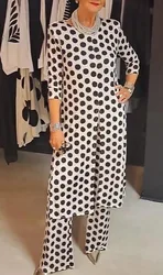 Autumn o neck polka dot print set for women fashion slit long top + wide leg pants 2-piece suit casual office ladies clothes