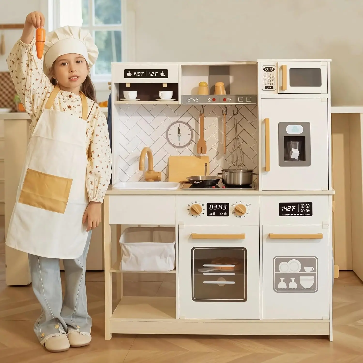 Holz spiel küche Kinder küche Spielset mit echtem Licht & Sound realistische Eismaschine Herd Ofen Koch so tun, als ob Spielzeug küche enthalten