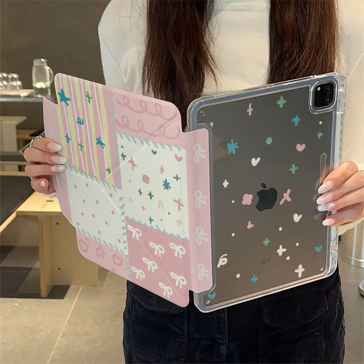 

Pink Puzzle Stars 3-Y Fold iPad Case For iPad Pro 11 13in 2025 iPad Pro 12.9in Air7 10th 11th M4/5 MINI Buckle Protective Cover