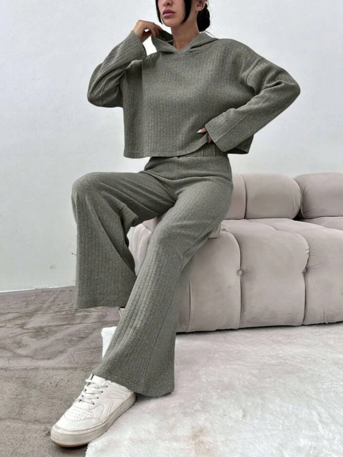 2025 الخريف بلون محبوك مقنعين السراويل الطويلة طويلة الأكمام سراويل أنيقة غير رسمية مجموعة فضفاضة بلون مريح #6