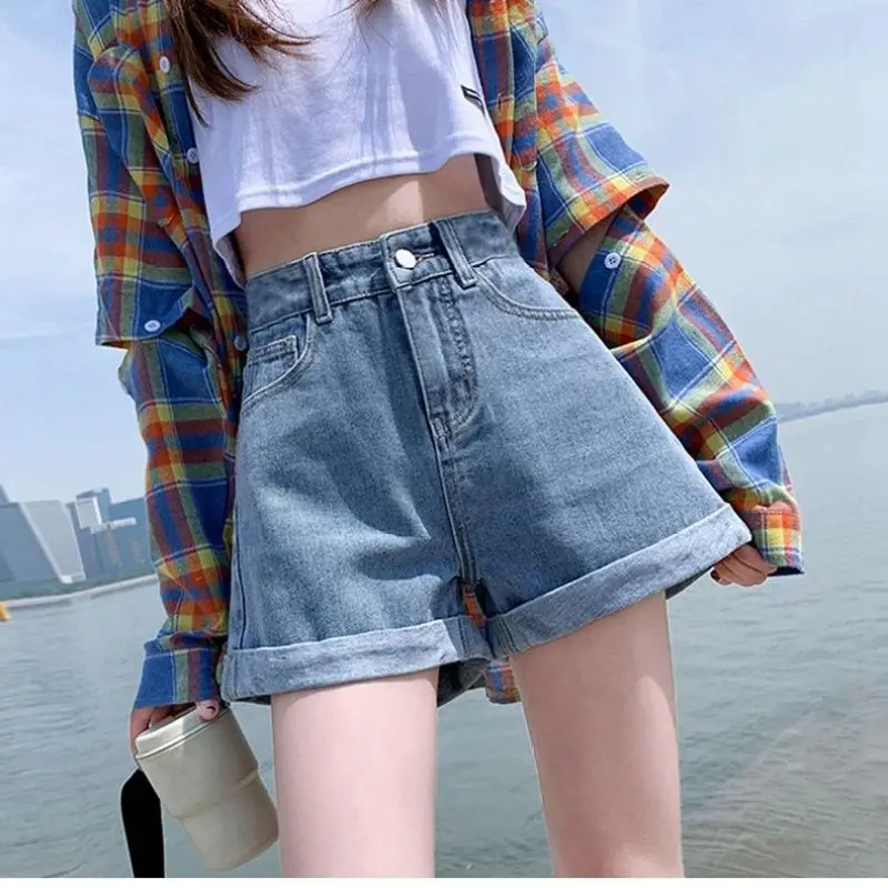 Mulheres verão coreano solto all-match aparecer fina simplicidade cintura alta perna larga roupas femininas casual tendência refrescante shorts finos