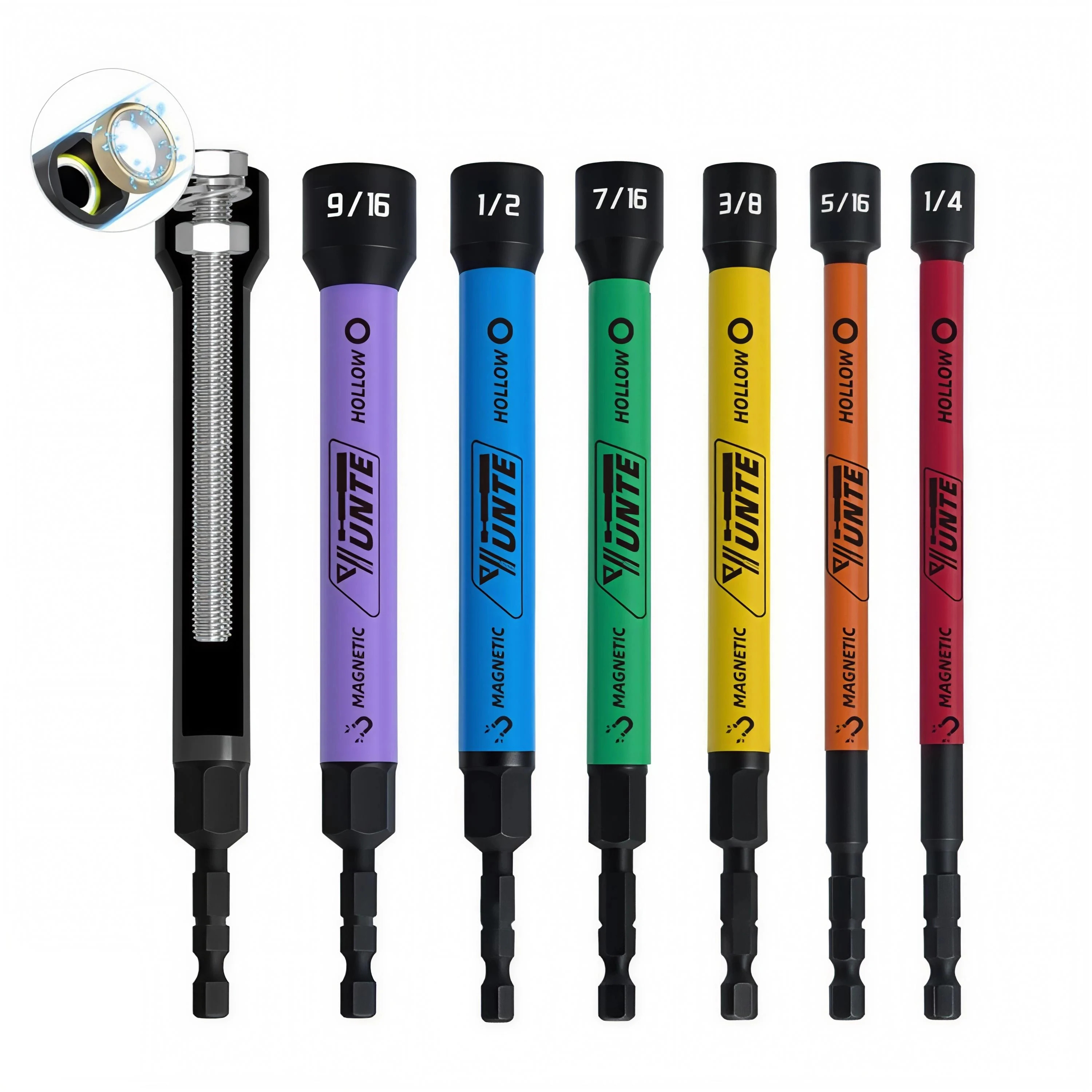

6-Piece Magnetic Hollow Shaft Nut Driver Set, SAE, Color-Coded, Hex Sizes 1/4"-9/16", 5-Inch Extended Reach Nut Setter