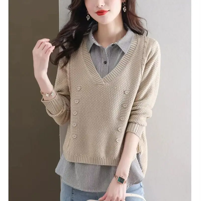 

Autumn 2025 Women's Loose Knitted Sweater irt Outerwear Fake Two-Piece Slimming Base Layer Ne Color