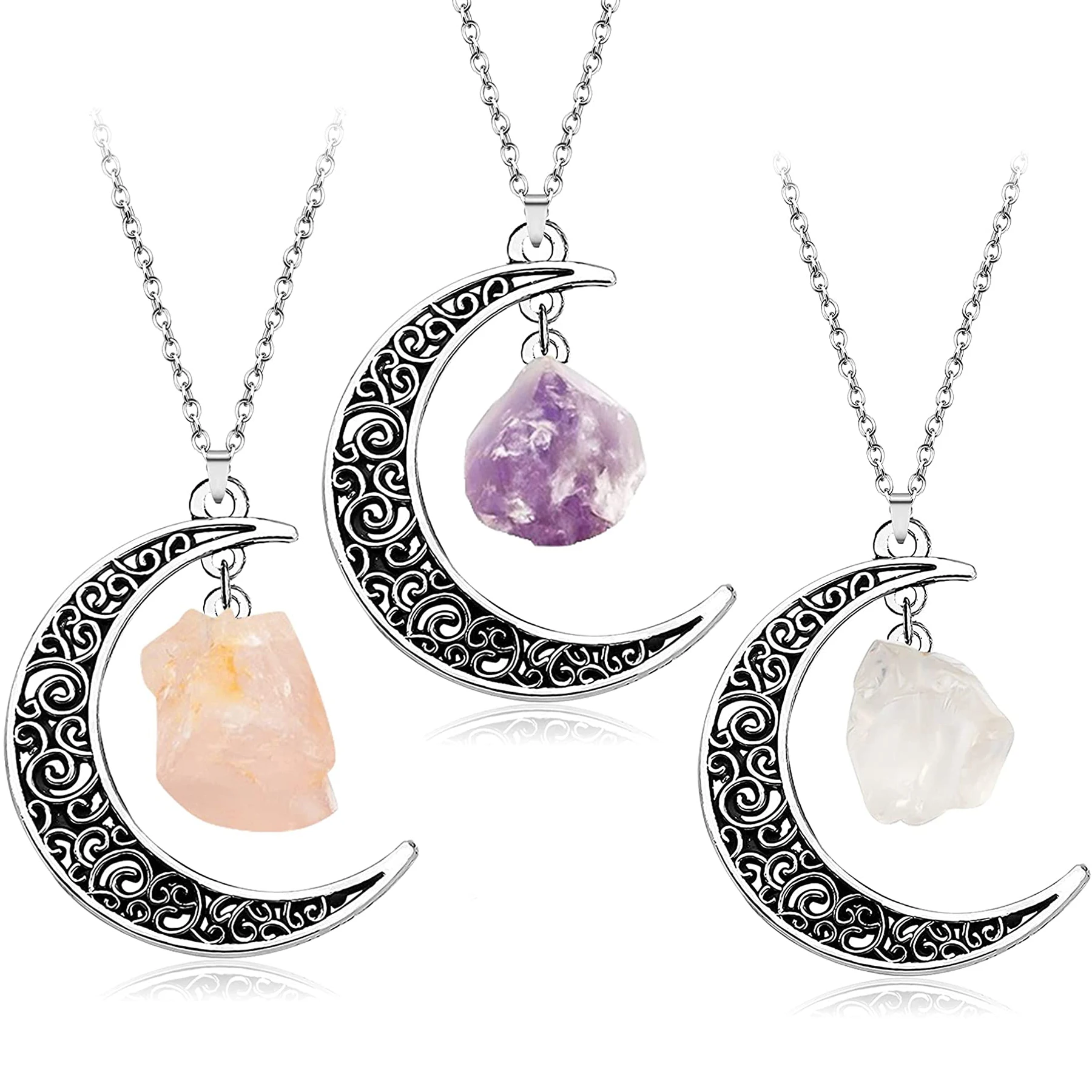 Moon Crescent Natural Stone Necklace, Amethyst Rose Quartz Crystals Necklaces, Best Friend Cabochon Friendship BFF Necklace