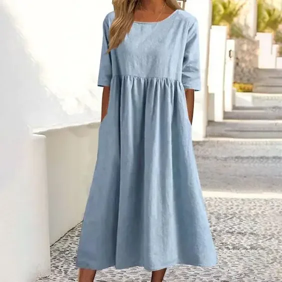 Round neck 5-point sleeve plus size casual qun skirt loose long solid color cotton and linen dress