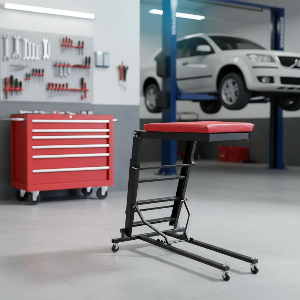Adjustable height folding repair climbing stool, crawling stool for automotive maintenance workers