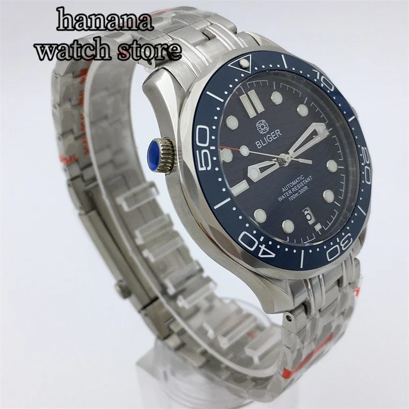 Imagem -04 - Bliger-relógio Mecânico Masculino com Mostrador Azul Moldura Cerâmica c3 Luminosa Bracelete de Aço Inoxidável o Clock Posição Data 41 mm Nh35a