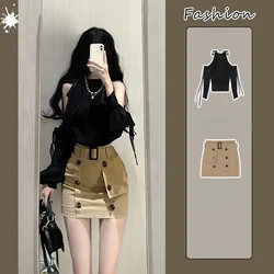 2024 Summer French Elegant 2 Piece Skirt Sets Women Office Lady Korean Fashion Suits Y2k Black Blouse + Mini Skirt Vintage Party