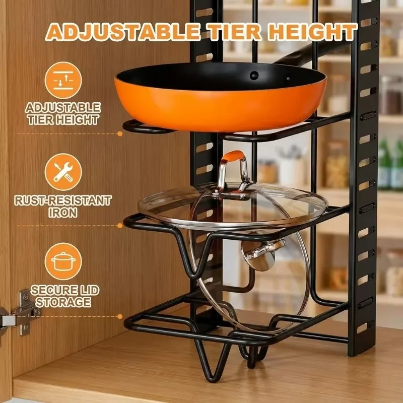 8 Tier Pot Rack Organizer Iron Adjustable Pots Pans Lid Holder Stand for Kitchen Countertop Cabinet Cookware Storage Shelf Racks view 3