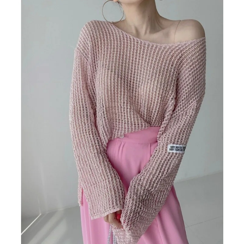 Sexy Hollow See Through Sunscreen Knit Cover Shirt Korean O-Neck Loose Casual Blouse Fashion Long Sleeve Simple Thin Shirts
