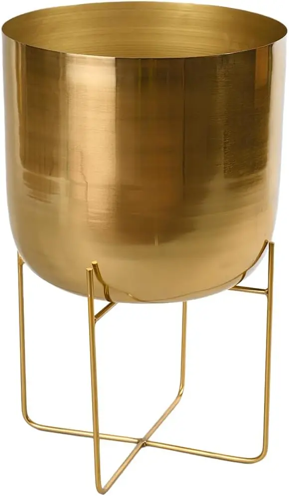 14 Inch Diameter 24 Inch Tall Gold Metal Elevated Plant Pot with Matching Stand, Decorative Indoor Houseplant Display Vessel for Living Room Kitchen and Office Greenery