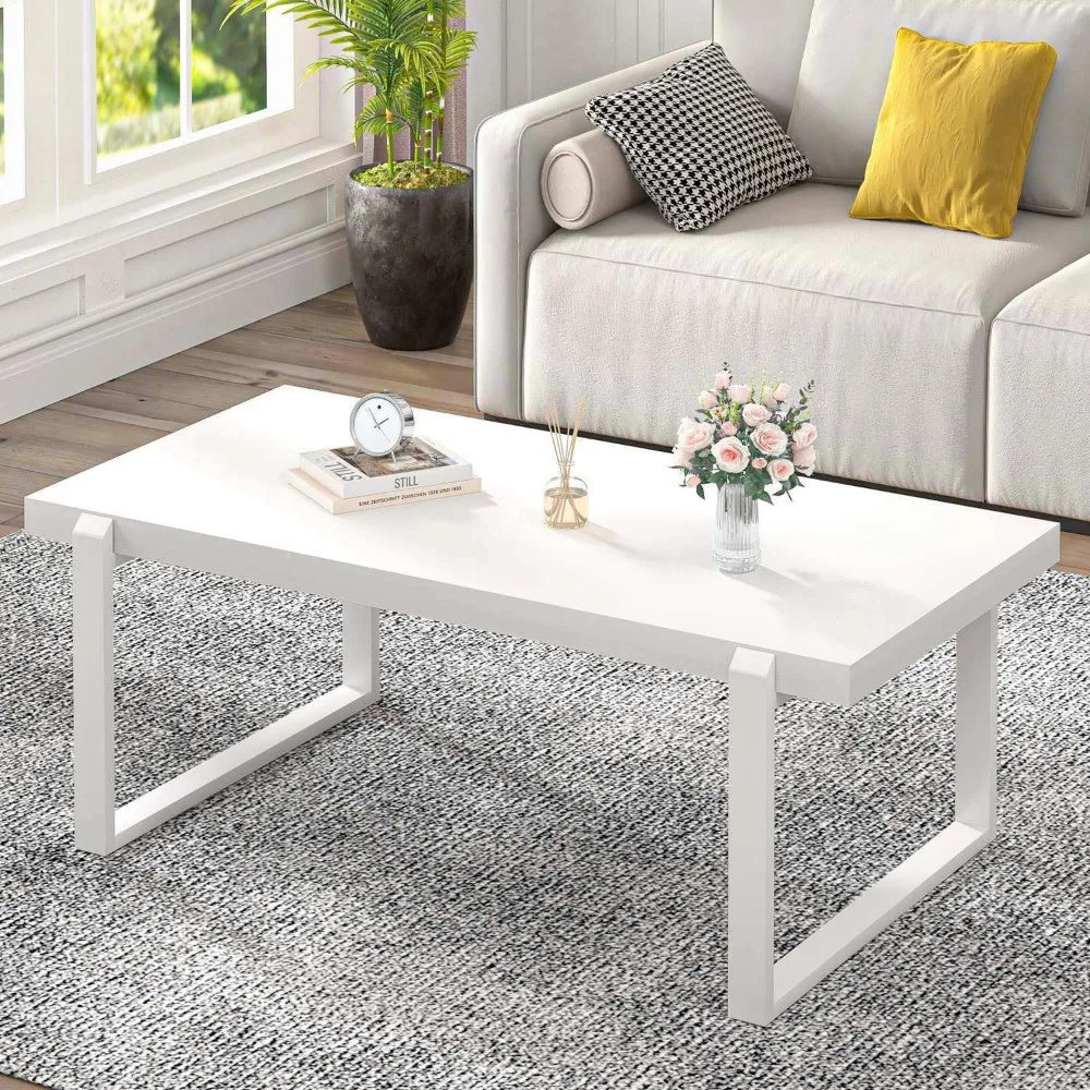 Small Coffee Table, Modern Minimalist Wood and Metal Center Table for Living Room, Rustic Cocktail Tea Table for Office, White