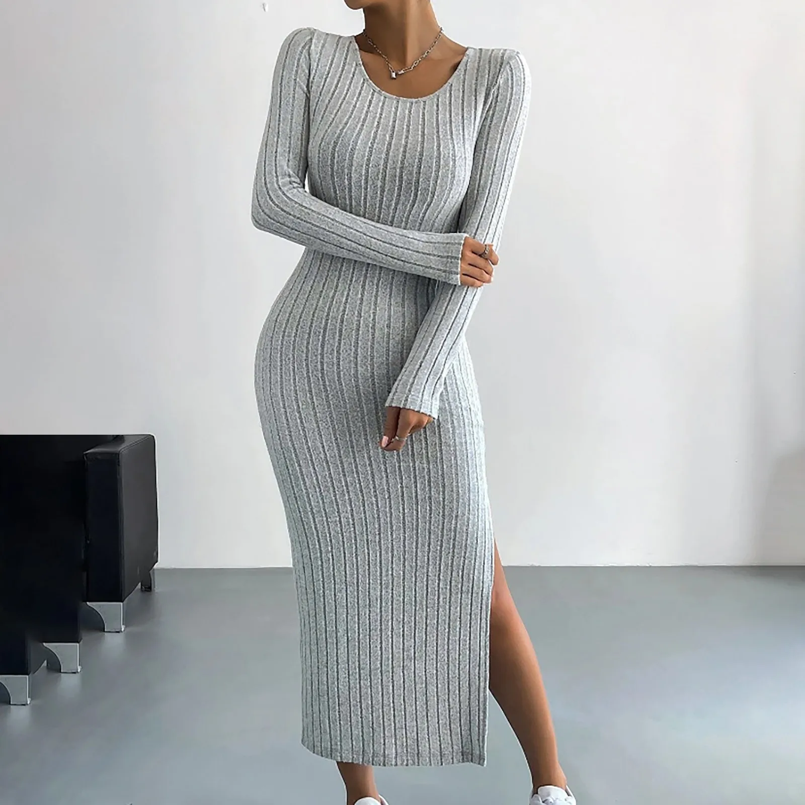 Female Autumn Winter Knit Dresses Casual Elegant Stretchy Long Sleeved Slim Vintage Fashion Dress Robe Women Vestidosr Clothing