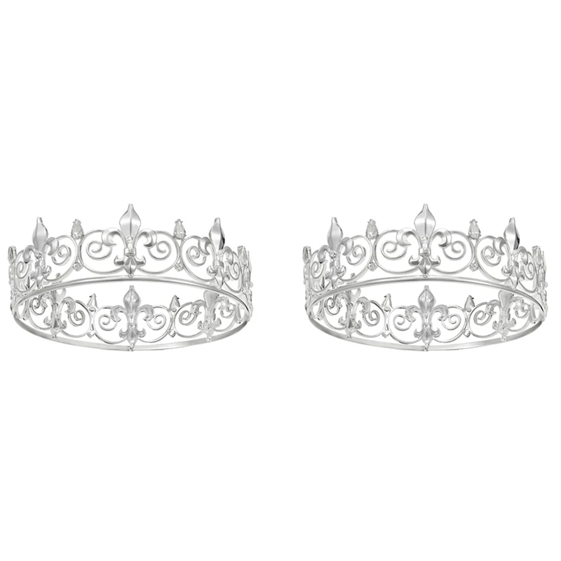 

2X Royal King Crown For Men - Metal Prince Crowns And Tiaras,Full Round Birthday Party Hats,Medieval Accessories(Silver)