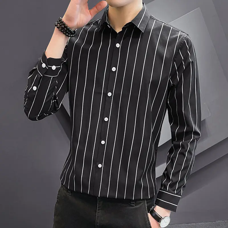 Casual Striped Long Sleeve Shirt Men's Slim Fit Anti-Wrinkle Black White Business Formal Korean Style Fashionable Shirt