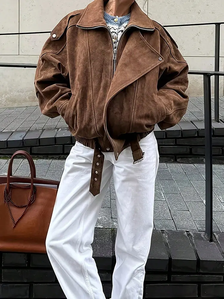 

New Retro Brown Short Zip Moto Jacket Top Korean Popular Warm Biker Outerwear New Products Woman Winter Coats Fashion Commuting