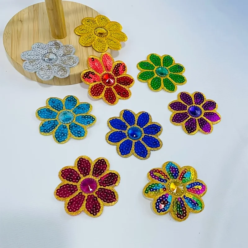 10Pcs Flower Sequined Appliques Beaded Appliques Floral Iron on Patches Repair