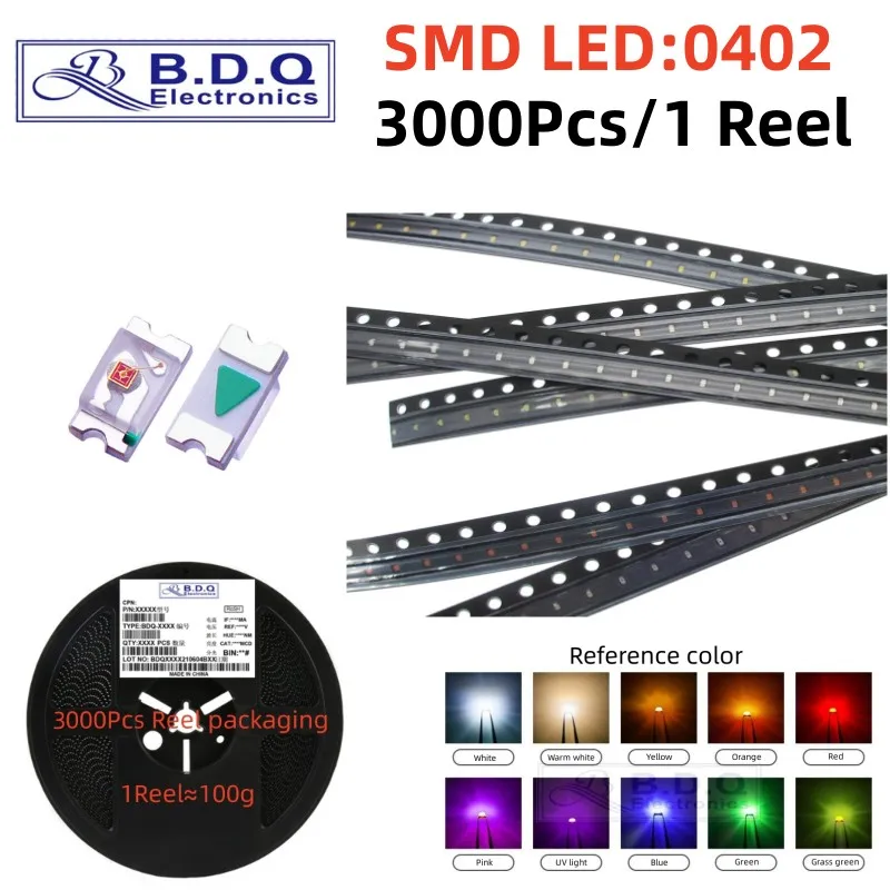 3000Pcs 0402 LED Red Green Blue Yellow Pink White Orange Ice Blue UV SMD LED Light 0402 Light-emitting Diode High Bright Quality