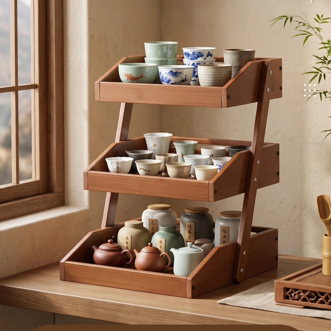 Solid wood vertical inclined storage rack, living room study Bogu rack, sundries, candy figures, tea set, partition shelf