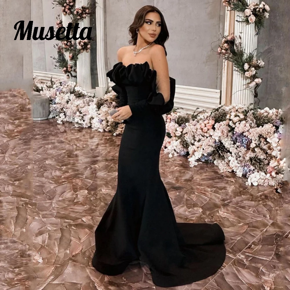 

Musetta Modern Satin Mermaid Prom Dress For Women 2024 Pleat Strapless Slim Fit Evening Gowns Sweep Train Vestidos De Noche