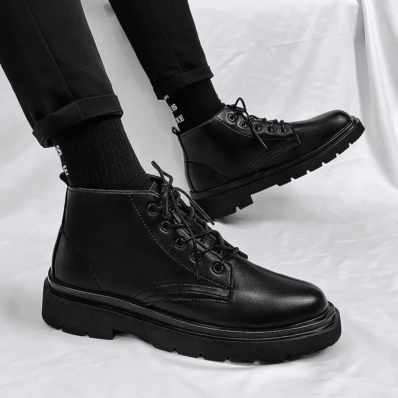 Leather Black Men High Top Lace Up Boots Autumn British Motorcycle Ins Hong Kong Couple Anti Slip Height Increase Workwear Shoes - view 6