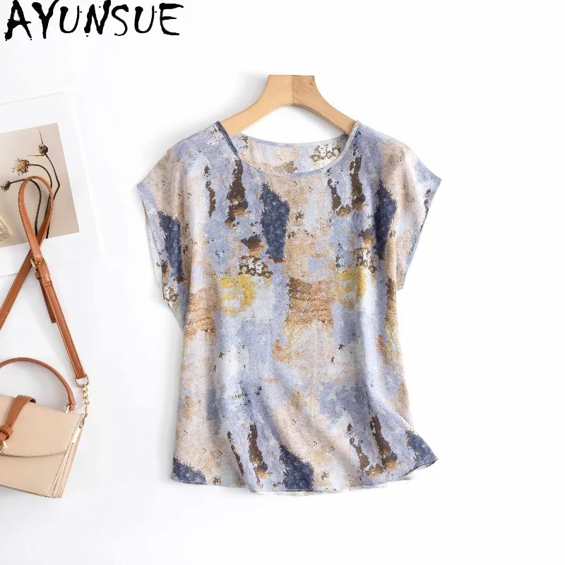 

AYUNSUE 100% Silk Women's T-shirts Stylish Printed Tops for Woman O-neck Versatile T Shirt Woman Clothes Summer Ropa Para Mujer