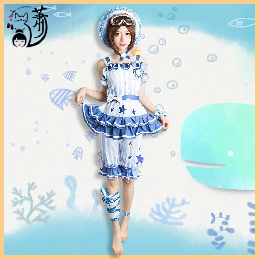 

Game Identity V Tracy Reznik Mechanic Re-Swim Cosplay Costume Blue Stripe Swimsuit Glasses Hat Woman Sexy Lovely Carnival Lolita