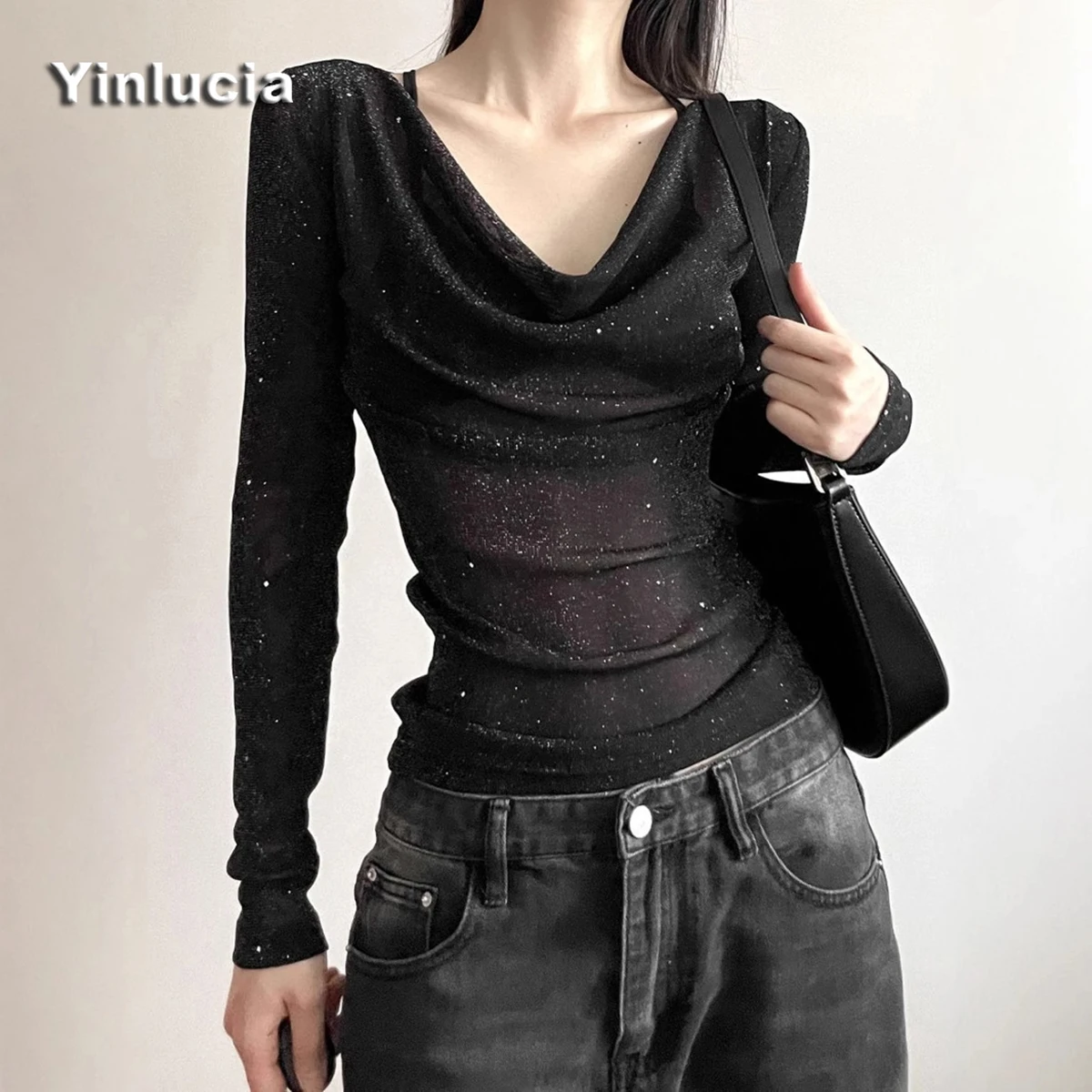 Shiny Black Elastic Slim Tee Navel Tops Women Blouses Sexy Mesh Draped Neckline Shirt Blouse Hot Babes Pullover Y2K Street Wear